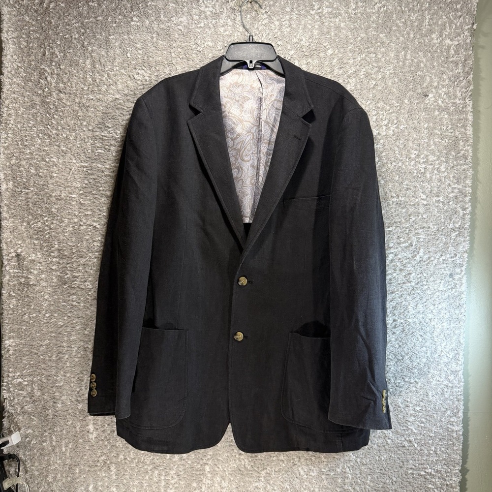 Alan Flusser Linen Blend Blazer L Black Classic Preppy Coastal Resort